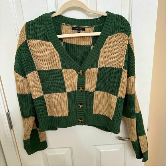 Love Tree Sweaters - Love Tree Checkerboard Cropped Cardigan